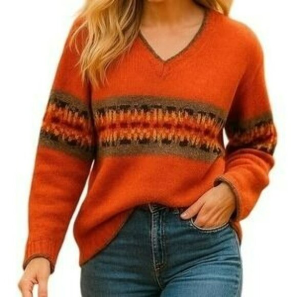 Eddie Bauer 100% Lambswool Fair Isle V-Neck Sweater Womens Medium - Picture 7 of 11